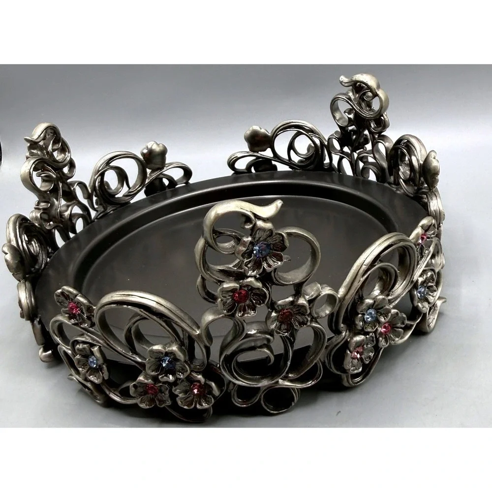 PartyLite Jewels 3 Wick Candle Holder Pewter Metal Ornate Floral Jeweled Crown
